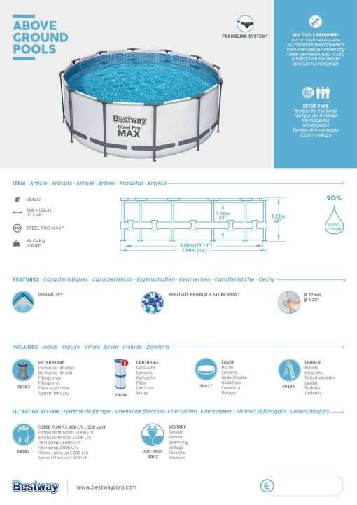 Bestway 56420 | Size 12.0 x 12.0 x 4.00 Ft | Steel Pro MAX Round Metal Frame Portable Ready-Made Swimming Pool - Image 7